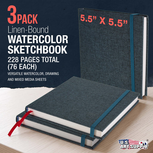5.5 x 5.5" Watercolor Book (2 Pack, 76 Sheets Each) - 110lb (230 GSM) Linen-Bound Hardcover Artist Paper Pads - Acid-Free Cold-Pressed Watercolor Paper Pad Mixed Media