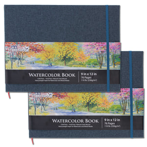 9 x 12" Watercolor Book (2 Pack, 76 Sheets Each) - 110lb (230 GSM) Linen-Bound Hardcover Artist Paper Pads - Acid-Free Cold-Pressed Watercolor Paper Pad Mixed Media