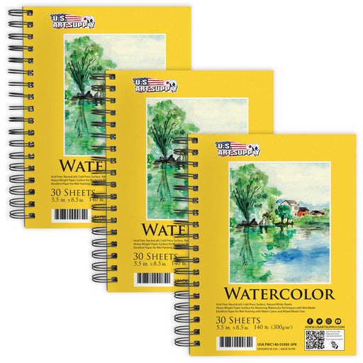U.S. Art Supply 5.5" x 8.5" Heavyweight Watercolor Painting Paper Pad, Pack of 3, 30 Sheets Each, 140lb (300gsm), Spiral Bound, Cold Pressed Acid-Free
