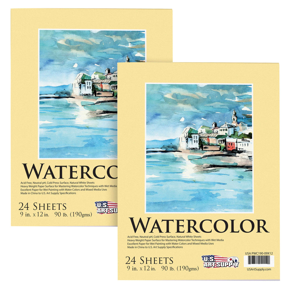 U.S. Art Supply 9" x 12" Heavyweight Watercolor Painting Paper Pad, Pack of 2, 24 Sheets Each, 90lb 190gsm - Cold Pressed, Acid-Free, Wet, Mixed Media