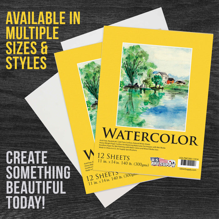 U.S. Art Supply 11" x 14" Heavyweight Watercolor Painting Paper Pad, Pack of 2, 12 Sheets Each, 140lb 300gsm, Cold Pressed Acid-Free, Wet Mixed Media