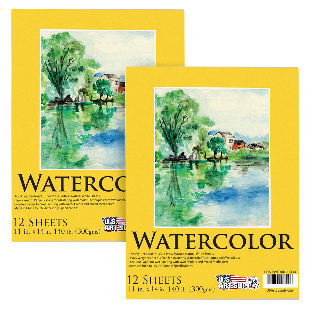 U.S. Art Supply 11" x 14" Heavyweight Watercolor Painting Paper Pad, Pack of 2, 12 Sheets Each, 140lb 300gsm, Cold Pressed Acid-Free, Wet Mixed Media