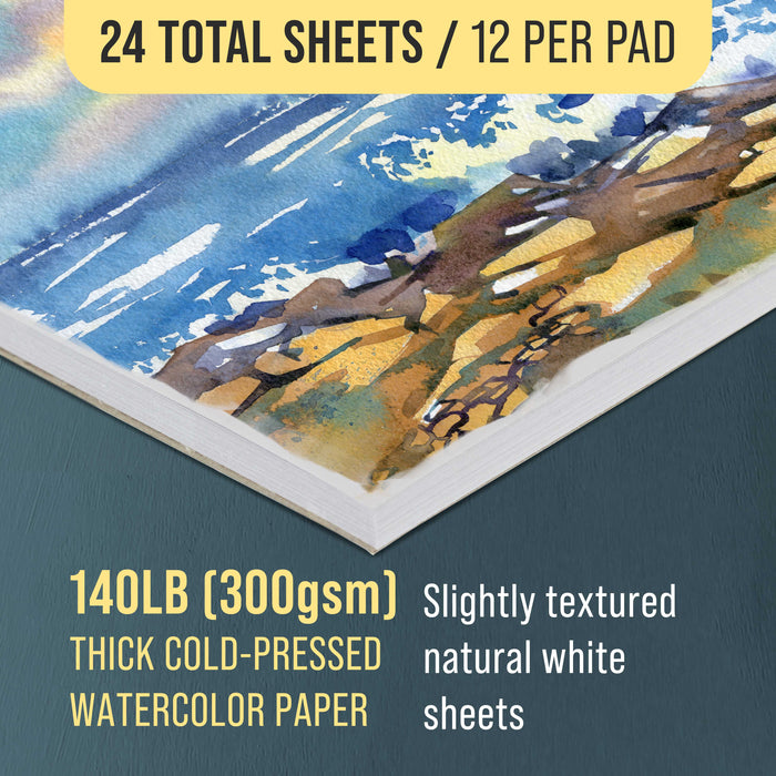 12" x 16" Premium Heavyweight Watercolor Paper Pad, Pack of 2 (12 Sheets Each), 140lb (300gsm) - Cold Pressed, Acid-Free, Wet, Water Color Paper - For Artists, Students