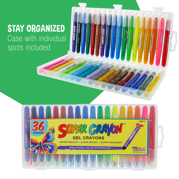 Super Crayons Set of 36 Colors - Smooth Easy Glide Gel Crayons - Bright, Blendable and Washable