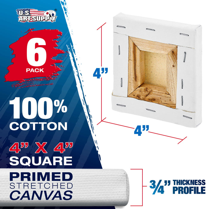4 x 4 inch Stretched Canvas 12-Ounce Triple Primed, 6-Pack - Professional Artist Quality White Blank 3/4" Profile, 100% Cotton, Heavy-Weight Gesso