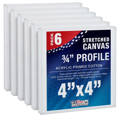 4 x 4 inch Stretched Canvas 12-Ounce Triple Primed, 6-Pack - Professional Artist Quality White Blank 3/4" Profile, 100% Cotton, Heavy-Weight Gesso