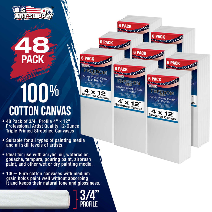 4 x 12 inch Stretched Canvas 12-Ounce Triple Primed, 48-Pack - Professional Artist Quality White Blank 3/4" Profile, 100% Cotton, Heavy-Weight Gesso