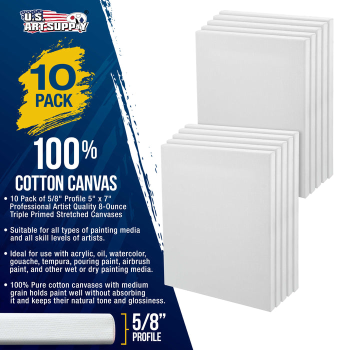 5 x 7 inch Stretched Canvas Super Value 10-Pack - Triple Primed Professional Artist Quality White Blank 5/8" Profile, 100% Cotton, Heavy-Weight Gesso