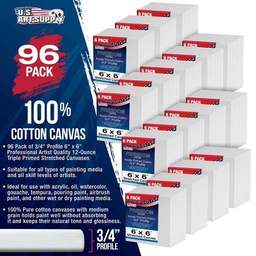 6 x 6 inch Stretched Canvas 12-Ounce Triple Primed, 96-Pack - Professional Artist Quality White Blank 3/4" Profile, 100% Cotton, Heavy-Weight Gesso