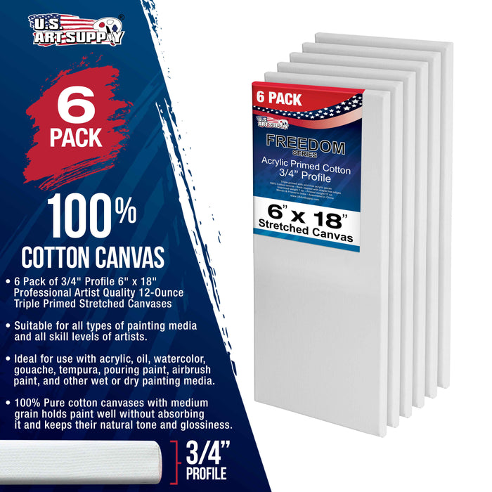 6 x 18 inch Stretched Canvas 12-Ounce Triple Primed, 6-Pack - Professional Artist Quality White Blank 3/4" Profile, 100% Cotton, Heavy-Weight Gesso