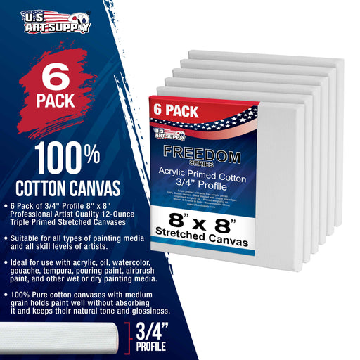 8 x 8 inch Stretched Canvas 12-Ounce Triple Primed, 6-Pack - Professional Artist Quality White Blank 3/4" Profile, 100% Cotton, Heavy-Weight Gesso