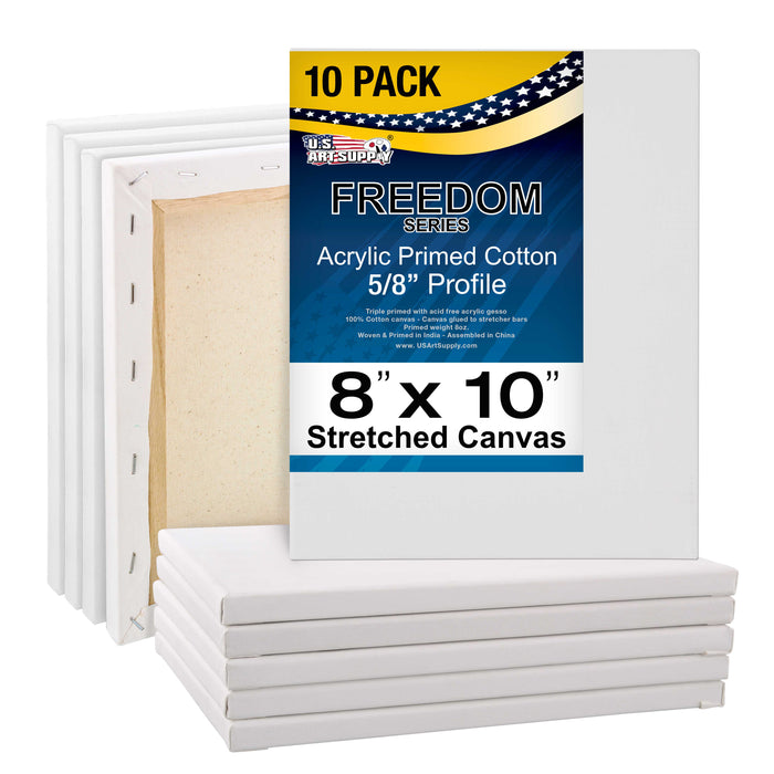 8 x 10 inch Stretched Canvas Super Value 10-Pack - Triple Primed Professional Artist Quality White Blank 5/8" Profile, 100% Cotton, Heavy-Weight Gesso