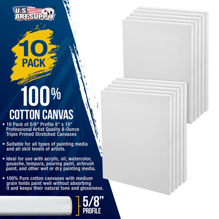8 x 10 inch Stretched Canvas Super Value 10-Pack - Triple Primed Professional Artist Quality White Blank 5/8" Profile, 100% Cotton, Heavy-Weight Gesso