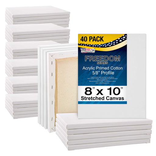 8 x 10 inch Stretched Canvas Super Value 40-Pack - Triple Primed Professional Artist Quality White Blank 5/8" Profile, 100% Cotton, Heavy-Weight Gesso