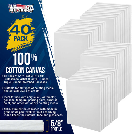 8 x 10 inch Stretched Canvas Super Value 40-Pack - Triple Primed Professional Artist Quality White Blank 5/8" Profile, 100% Cotton, Heavy-Weight Gesso