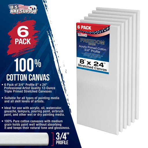8 x 24 inch Stretched Canvas 12-Ounce Triple Primed, 6-Pack - Professional Artist Quality White Blank 3/4" Profile, 100% Cotton, Heavy-Weight Gesso
