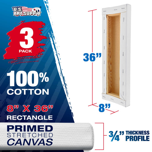 8 x 36 inch Stretched Canvas 12-Ounce Triple Primed, 3-Pack - Professional Artist Quality White Blank 3/4" Profile, 100% Cotton, Heavy-Weight Gesso