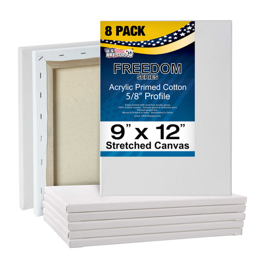 9 x 12 inch Stretched Canvas Super Value 8-Pack - Triple Primed Professional Artist Quality White Blank 5/8" Profile, 100% Cotton, Heavy-Weight Gesso