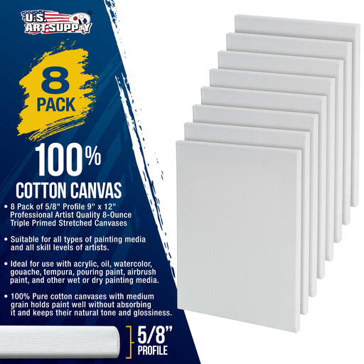 9 x 12 inch Stretched Canvas Super Value 8-Pack - Triple Primed Professional Artist Quality White Blank 5/8" Profile, 100% Cotton, Heavy-Weight Gesso