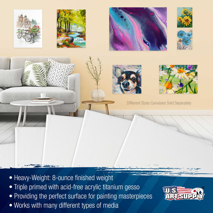 9 x 12 inch Stretched Canvas Super Value 8-Pack - Triple Primed Professional Artist Quality White Blank 5/8" Profile, 100% Cotton, Heavy-Weight Gesso