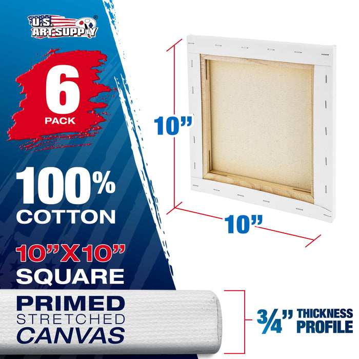 10 x 10 inch Stretched Canvas 12-Ounce Triple Primed, 6-Pack - Professional Artist Quality White Blank 3/4" Profile, 100% Cotton, Heavy-Weight Gesso