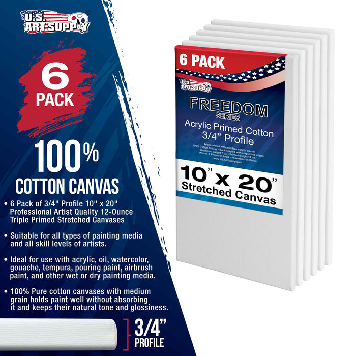 10 x 20 inch Stretched Canvas 12-Ounce Triple Primed, 6-Pack - Professional Artist Quality White Blank 3/4" Profile, 100% Cotton, Heavy-Weight Gesso