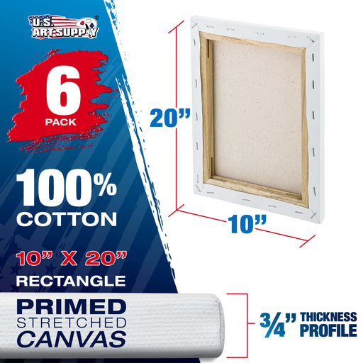 10 x 20 inch Stretched Canvas 12-Ounce Triple Primed, 6-Pack - Professional Artist Quality White Blank 3/4" Profile, 100% Cotton, Heavy-Weight Gesso