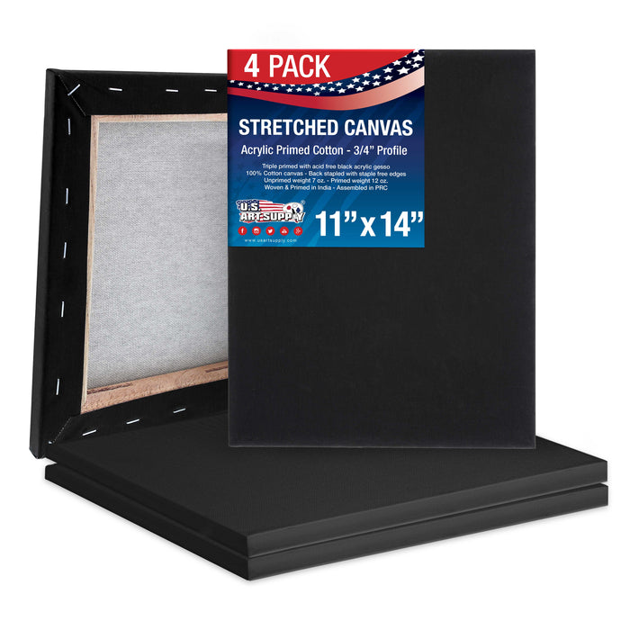 11 x 14 inch Black Stretched Canvas 12-Ounce Primed, 4-Pack - Professional Artist Quality 3/4" Profile, 100% Cotton, Heavy-Weight, Gesso