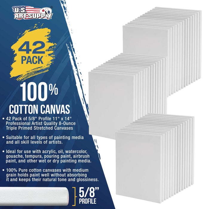 11 x 14 inch Stretched Canvas Super Value 42-Pack - Triple Primed Professional Artist Quality White Blank 5/8" Profile, 100% Cotton