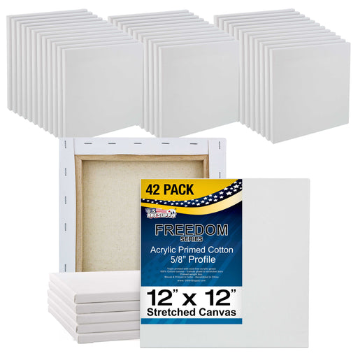 12 x 12 inch Stretched Canvas Super Value 42-Pack - Triple Primed Professional Artist Quality White Blank 5/8" Profile, 100% Cotton