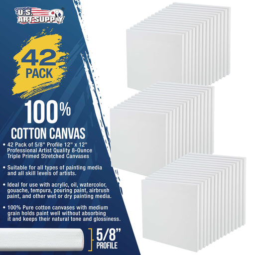 12 x 12 inch Stretched Canvas Super Value 42-Pack - Triple Primed Professional Artist Quality White Blank 5/8" Profile, 100% Cotton