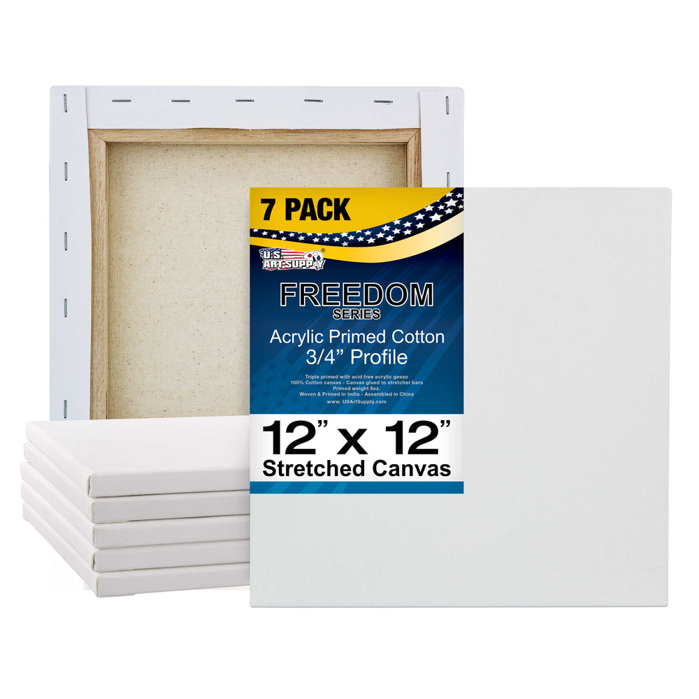 12 x 12 inch Stretched Canvas Super Value 7-Pack - Triple Primed Professional Artist Quality White Blank 5/8" Profile, 100% Cotton, Heavy-Weight Gesso