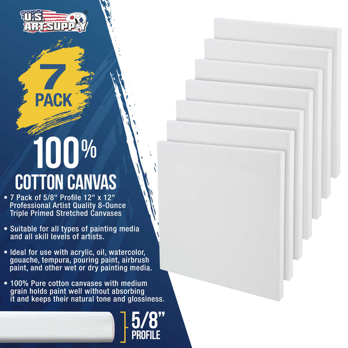 12 x 12 inch Stretched Canvas Super Value 7-Pack - Triple Primed Professional Artist Quality White Blank 5/8" Profile, 100% Cotton, Heavy-Weight Gesso