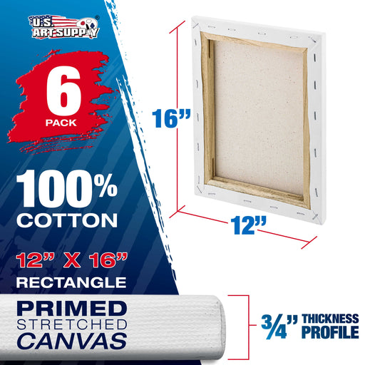 12 x 16 inch Stretched Canvas 12-Ounce Triple Primed, 6-Pack - Professional Artist Quality White Blank 3/4" Profile, 100% Cotton, Heavy-Weight Gesso