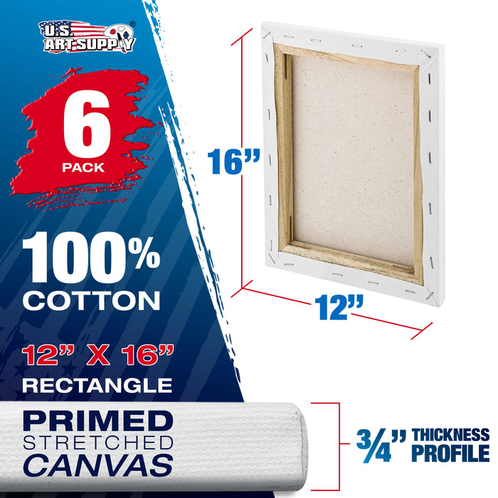 12 x 16 inch Stretched Canvas 12-Ounce Triple Primed, 6-Pack - Professional Artist Quality White Blank 3/4" Profile, 100% Cotton, Heavy-Weight Gesso