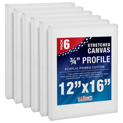 12 x 16 inch Stretched Canvas 12-Ounce Triple Primed, 6-Pack - Professional Artist Quality White Blank 3/4" Profile, 100% Cotton, Heavy-Weight Gesso