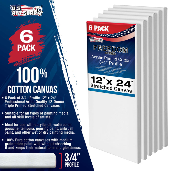 12 x 24 inch Stretched Canvas 12-Ounce Triple Primed, 6-Pack - Professional Artist Quality White Blank 3/4" Profile, 100% Cotton, Heavy-Weight Gesso