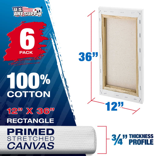 12 x 36 inch Stretched Canvas 12-Ounce Triple Primed, 6-Pack - Professional Artist Quality White Blank 3/4" Profile, 100% Cotton, Heavy-Weight Gesso