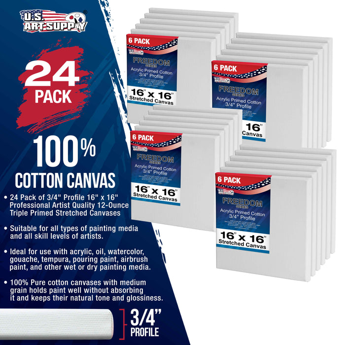 16 x 16 inch Stretched Canvas 12-Ounce Triple Primed, 24-Pack - Professional Artist Quality White Blank 3/4" Profile, 100% Cotton, Heavy-Weight Gesso