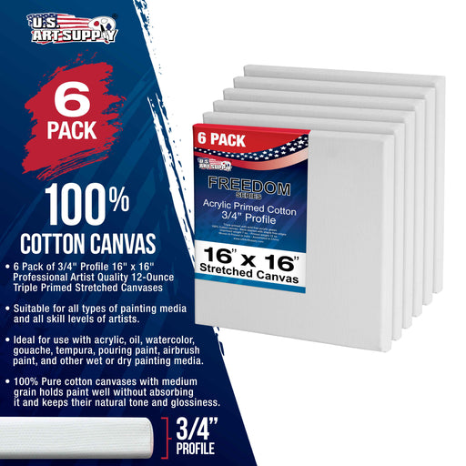 16 x 16 inch Stretched Canvas 12-Ounce Triple Primed, 6-Pack - Professional Artist Quality White Blank 3/4" Profile, 100% Cotton, Heavy-Weight Gesso