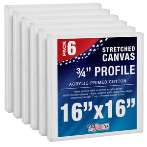 16 x 16 inch Stretched Canvas 12-Ounce Triple Primed, 6-Pack - Professional Artist Quality White Blank 3/4" Profile, 100% Cotton, Heavy-Weight Gesso