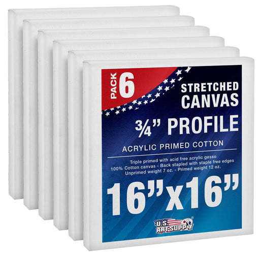 16 x 16 inch Stretched Canvas 12-Ounce Triple Primed, 6-Pack - Professional Artist Quality White Blank 3/4" Profile, 100% Cotton, Heavy-Weight Gesso