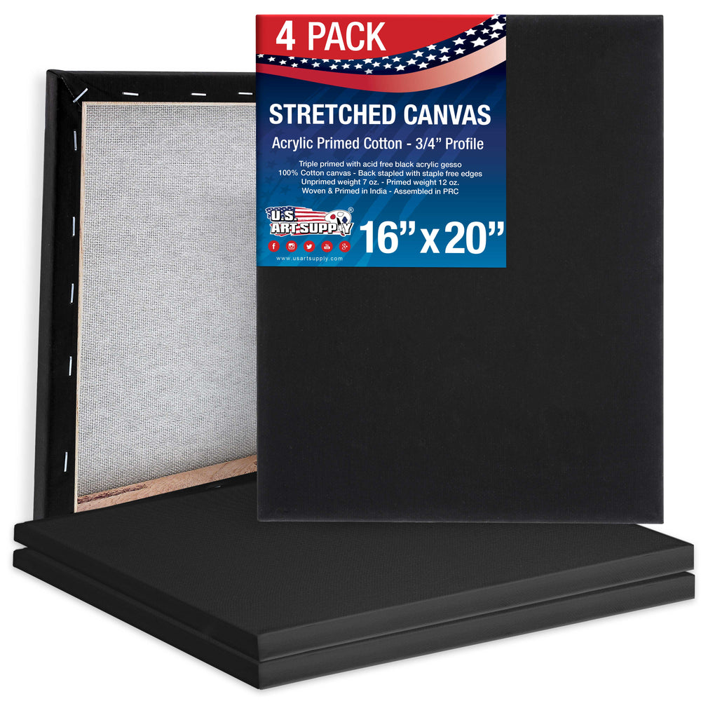 16 x 20 inch Black Stretched Canvas 12-Ounce Primed, 4-Pack - Professional Artist Quality 3/4" Profile, 100% Cotton, Heavy-Weight, Gesso