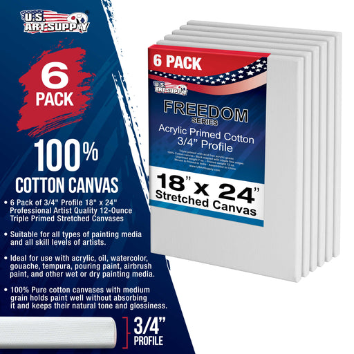 18 x 24 inch Stretched Canvas 12-Ounce Triple Primed, 6-Pack - Professional Artist Quality White Blank 3/4" Profile, 100% Cotton, Heavy-Weight Gesso