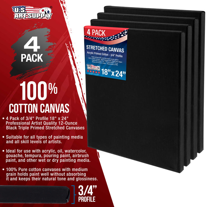 18 x 24 inch Black Stretched Canvas 12-Ounce Primed, 4-Pack - Professional Artist Quality 3/4" Profile, 100% Cotton, Heavy-Weight, Gesso