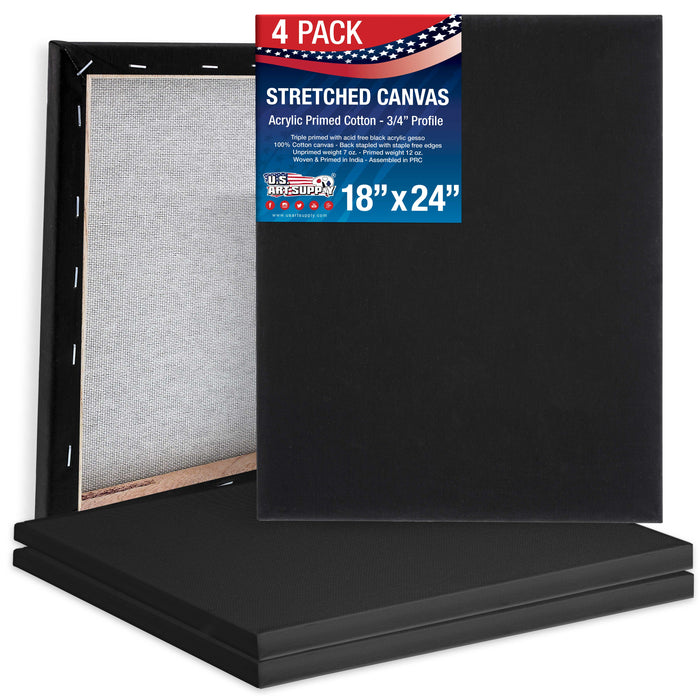 18 x 24 inch Black Stretched Canvas 12-Ounce Primed, 4-Pack - Professional Artist Quality 3/4" Profile, 100% Cotton, Heavy-Weight, Gesso