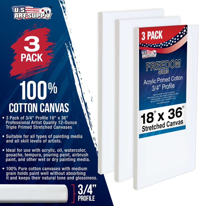 18 x 36 inch Stretched Canvas 12-Ounce Triple Primed, 3-Pack - Professional Artist Quality White Blank 3/4" Profile, 100% Cotton, Heavy-Weight Gesso