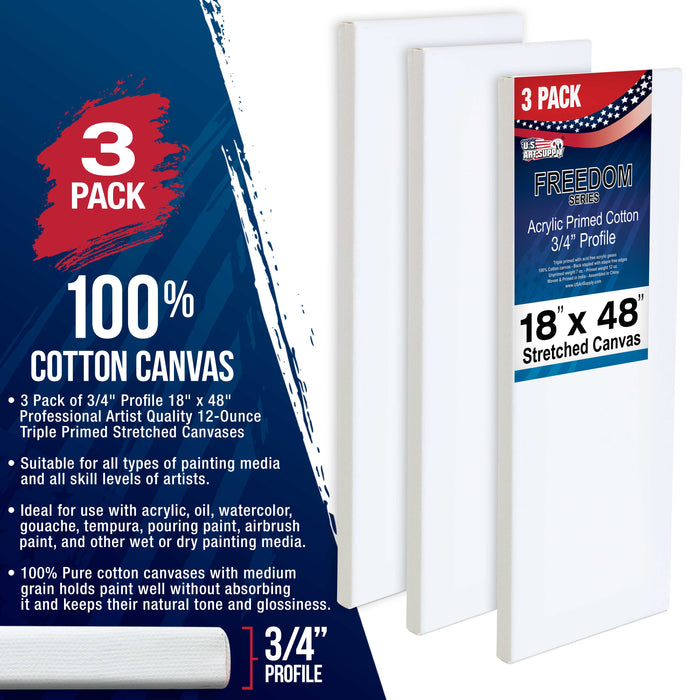 18 x 48 inch Stretched Canvas 12-Ounce Triple Primed, 3-Pack - Professional Artist Quality White Blank 3/4" Profile, 100% Cotton, Heavy-Weight Gesso