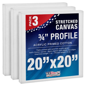 20 x 20 inch Stretched Canvas 12-Ounce Triple Primed, 3-Pack - Professional Artist Quality White Blank 3/4" Profile, 100% Cotton, Heavy-Weight Gesso