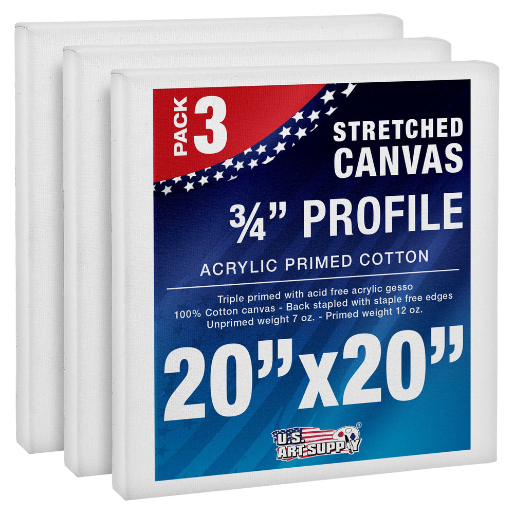 20 x 20 inch Stretched Canvas 12-Ounce Triple Primed, 3-Pack - Professional Artist Quality White Blank 3/4" Profile, 100% Cotton, Heavy-Weight Gesso